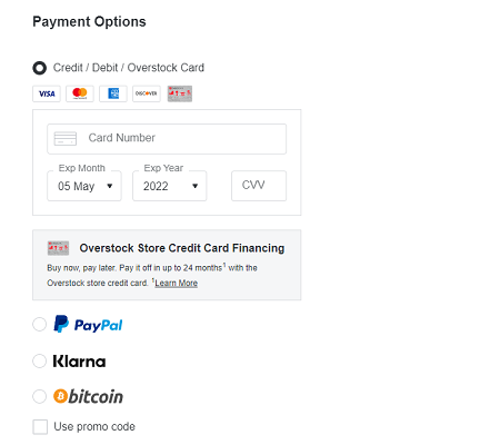 Overstock Checkout Payment Options